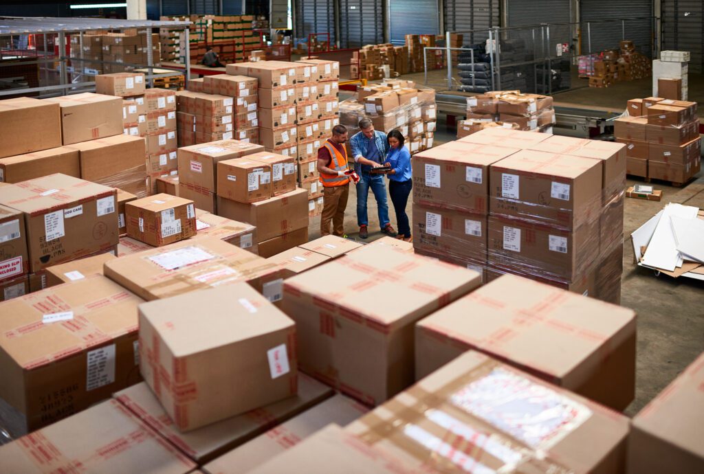 Shot of people at work in a large warehouse full of boxes.